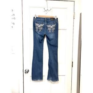 Love Indigo Premium Jeans Womens 4 Blue Embroidered Wings Low Rise Bootcut Biker